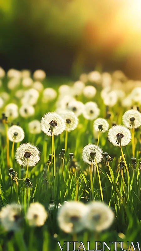 Dandelion seed heads in sunlit green meadow background.