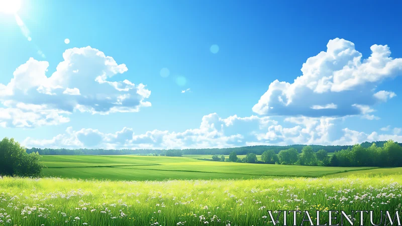 Extensive green meadow under clear sky with cumulus clouds.