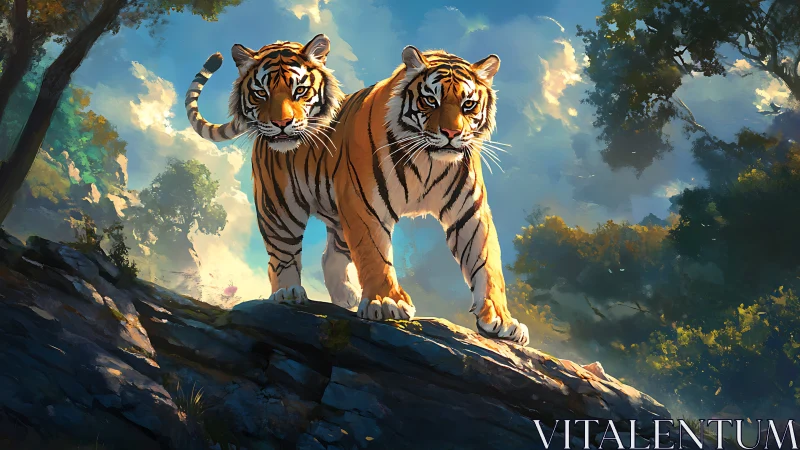 Twin Tigers Stand Triumphant on Rocky Outcrop