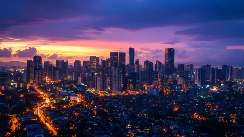 Neon veins awaken as twilight crowns the glowing city skyline