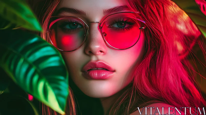 Neon-lit portrait of a woman in jungle leaves radiates allure