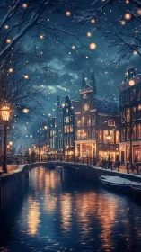 Snowlit canal cityscape glows under winter evening sky