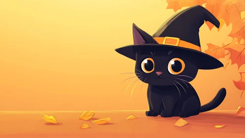 Autumn witch cat illustration with warm minimal backdrop.