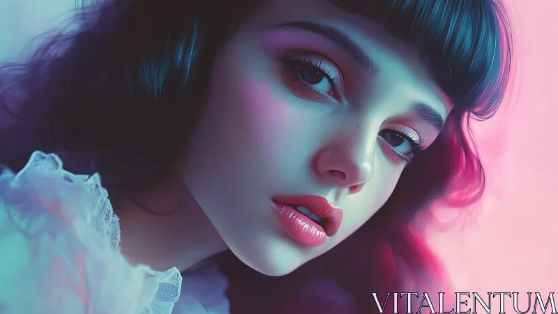 Digital portrait of young woman in cool pink lighting.