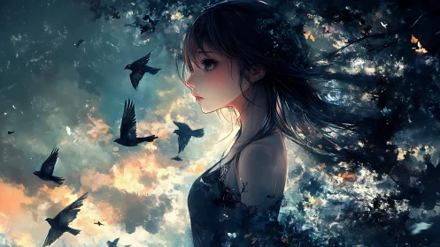 Solitary anime girl in stormy sky with dark birds in flight.