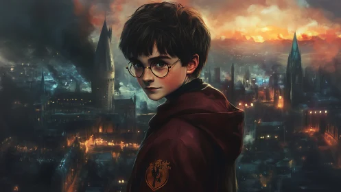 Digital painting portrait over smoldering gothic cityscape.