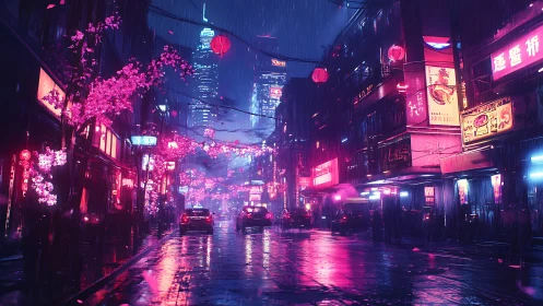 Neon soaked night street with cherry blossoms in rain.