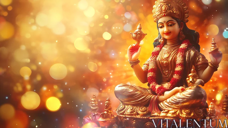 Golden Hindu goddess statue with festive bokeh background.