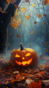 Jack-o-lantern glow brightens a misty autumn forest path.