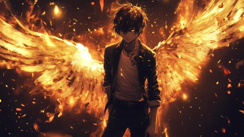 Fallen angel boy stands in blazing wings of golden fire