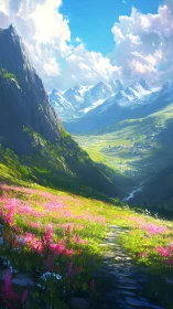 Mountain valley trail with wildflower meadow under clear sky.