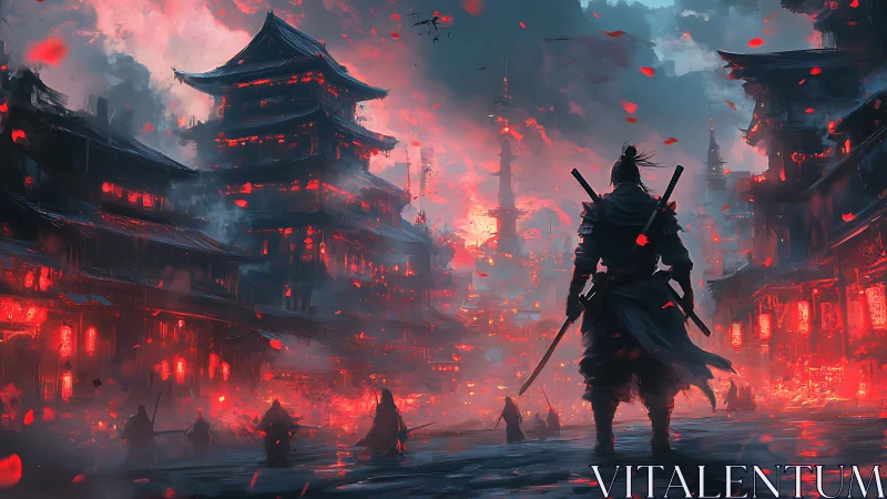 Samurai in ember-lit streets facing a burning twilight city.