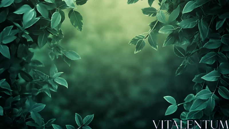 Green leafy frame with blurred light forest background.