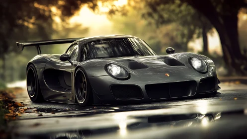 Storm-gray race car prowls a rain-slick autumn boulevard.