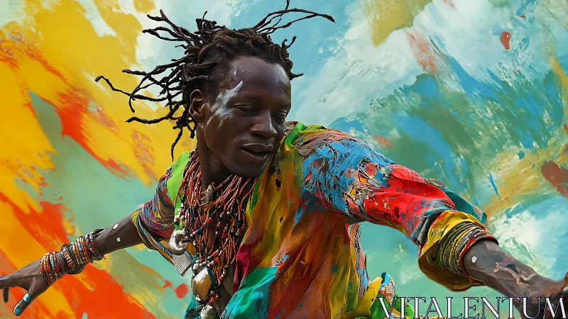 Vibrant dancer moves through chaotic abstract color field