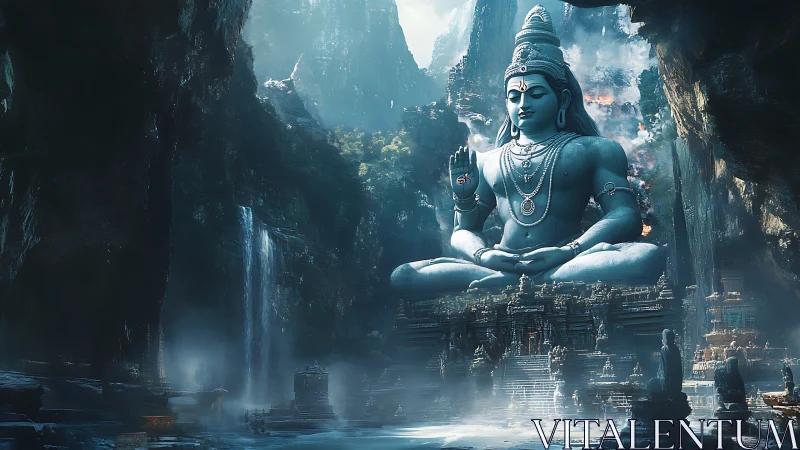 Mountain mist crowns a colossal serene Shiva in blue stone