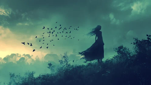 Silhouetted figure observes flock of birds under stormy sky