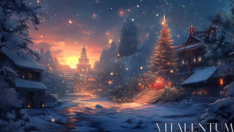 Snowy temple village at sunset with glowing festive lights.