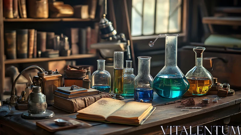 Vintage laboratory desk glows with colorful glass chemistry.