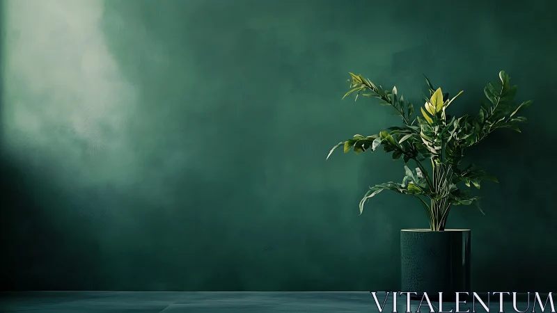 Monochromatic interior study with potted foliage in shadowed light.