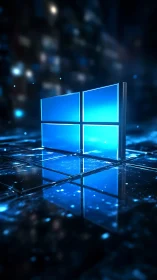 Glowing blue window icon on reflective cyber grid surface.