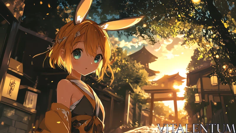 Sunlit shrine street with fox-eared girl in anime rendering.