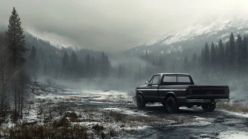 Pickup truck stands on frozen track in foggy mountain valley