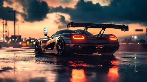 Supercar rear profile under neon-toned sunset reflections