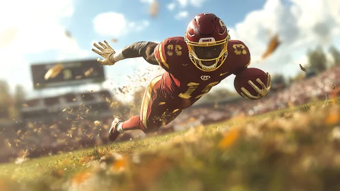 American football runner diving toward the end zone.