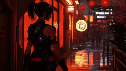 Tactical operative in neon-lit rain alleyway, cinematic framing.