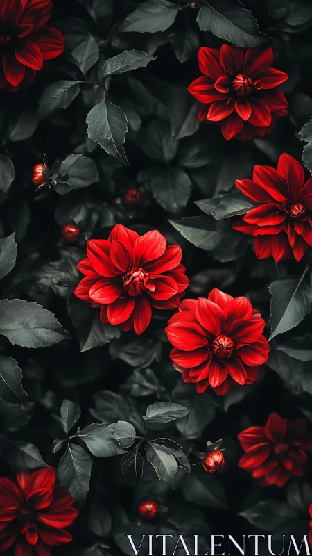 Red Dahlias Against Darkened Foliage: High Contrast Garden Study.