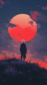 Backlit anime wanderer before oversized crimson moonscape.