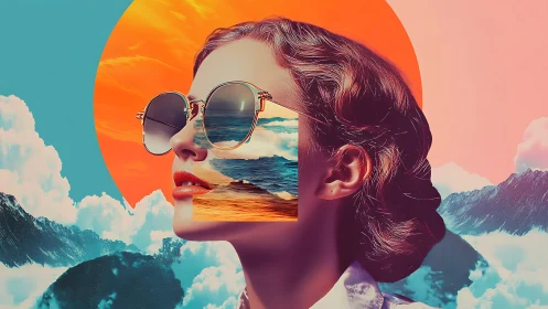 Surreal female portrait with seascape reflections in sunglasses.