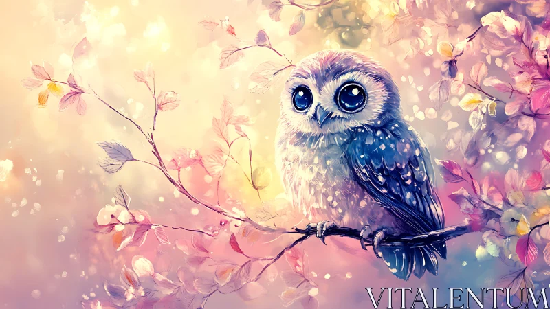 Cute baby owl illustration on pastel branch, dreamy fantasy art.