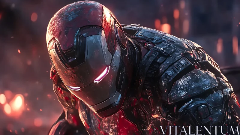 Battle-scarred armored hero pauses in glowing embers