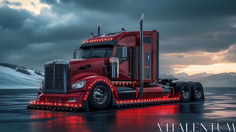 Aerodynamic red semi truck with LED underglow on icy plateau