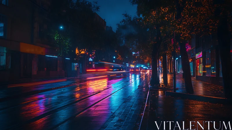 Neon rainlit city street with blurred night tram motion.