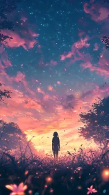 Silhouetted figure observes sunset sky filled with stars