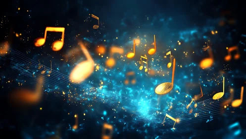 Glowing golden music notes in dynamic blue digital soundscape