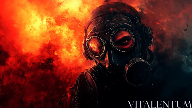 Figure in gas mask before intense orange and red flames.
