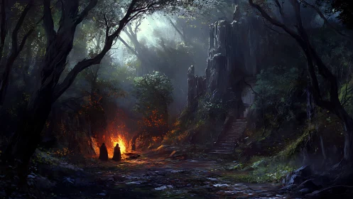 Forest firelight whispers at the foot of a ruined stairway.