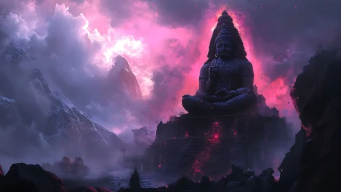 Colossal mountain deity statue glows amid stormy violet sky