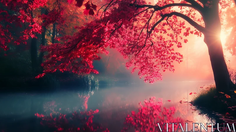 Crimson maple dreamscape arching over mist kissed riverbank.