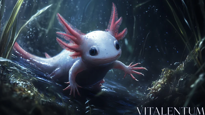 Juvenile axolotl in submerged aquatic habitat at night.