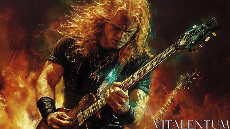 Flaming solos carve molten light around fierce guitarist
