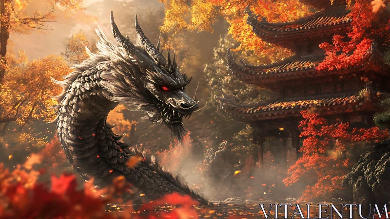 Autumn temple wyrm coils through ember leaves and legend.