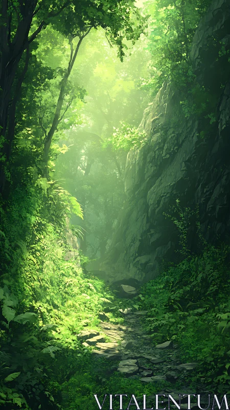 Forested canyon passage with rocky walls and canopy openings.