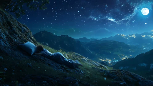 Digital painting of child stargazing above illuminated valley.
