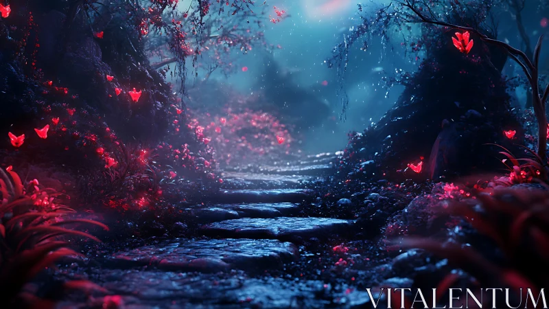 Enchanted stone pathway through glowing crimson forest night.