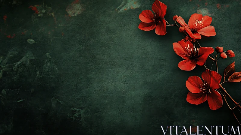 Red Flowers on Deep Teal Textured Background